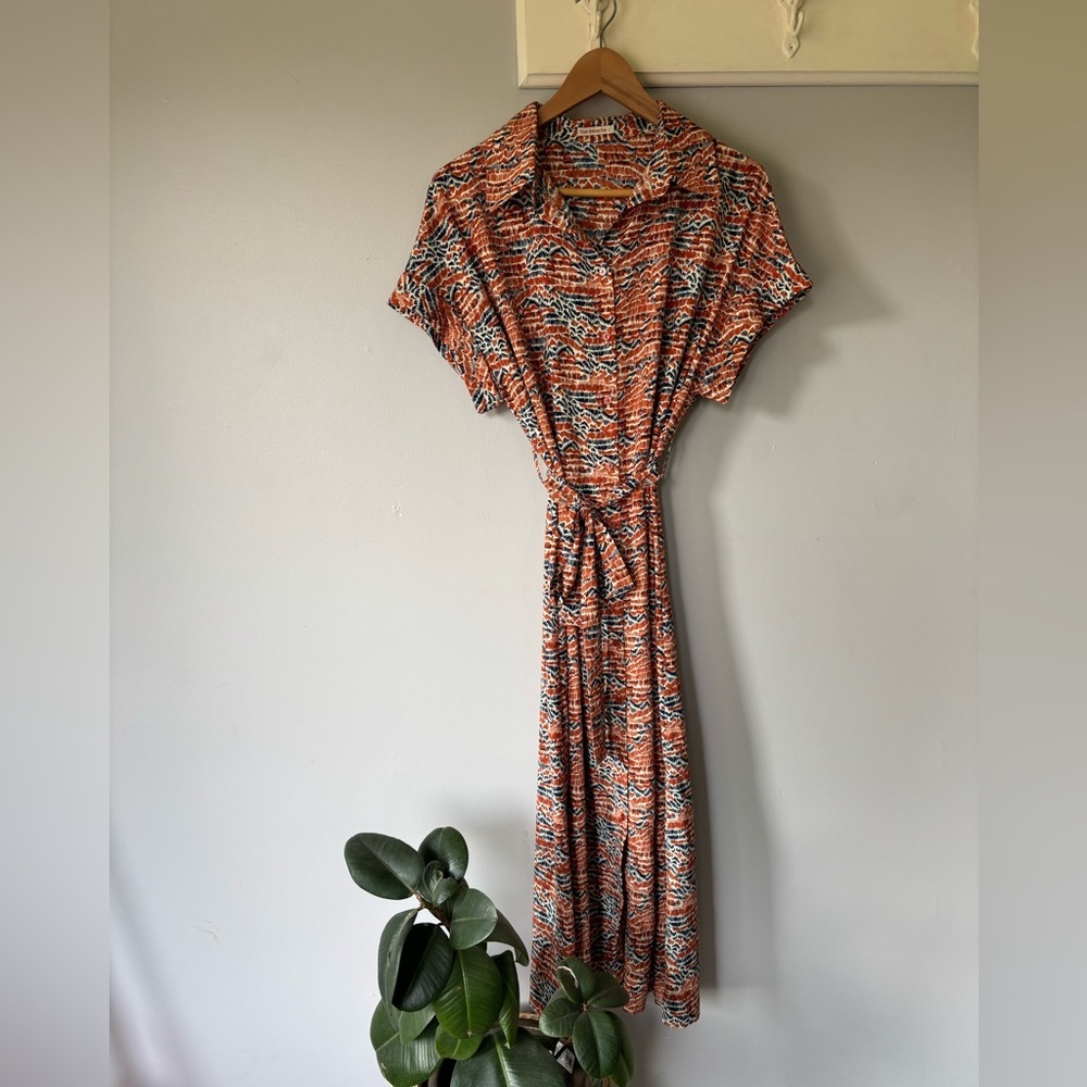 Rue Mazarine Rust Orange Blue Tie Waist Midi Dress Size Large Modest Workwear